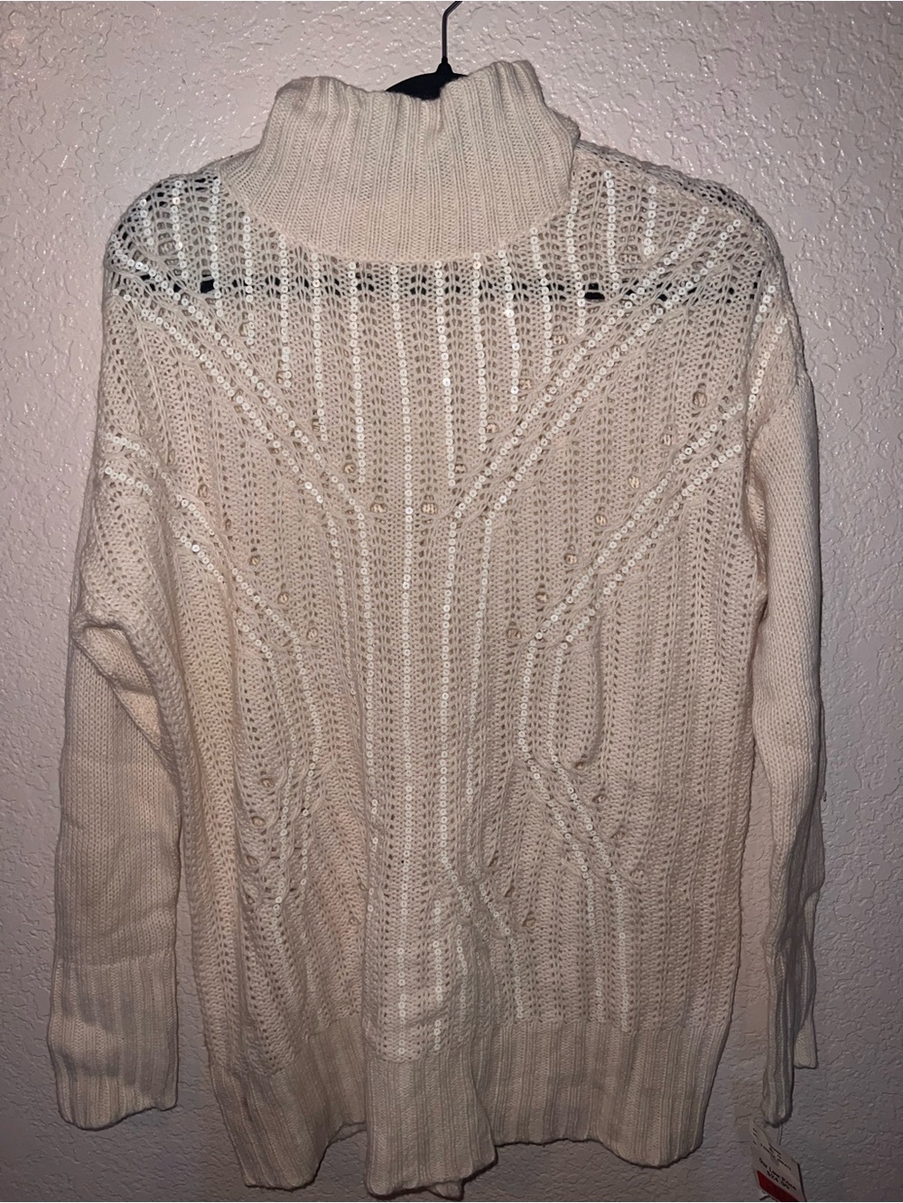 NWT BCBGMaxAzria Cream Sequin Cable Knit Turtleneck Oversized Sweater-Or $248